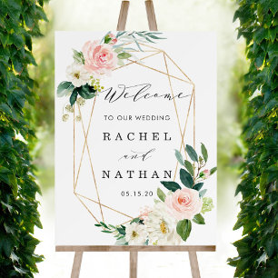 Affiche de bienvenue Mariage floral à cadre d'or b