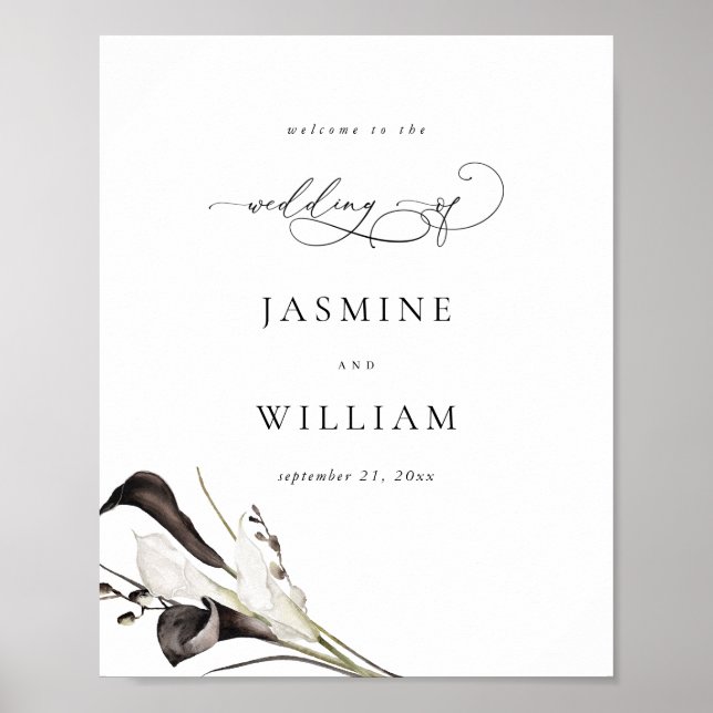 Affiche de bienvenue Mariage Floral noir et blanc (Devant)