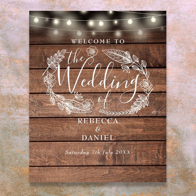 Affiche de bienvenue Mariage Floral Wood String (Floral Wood String Lights Wedding Welcome Sign)