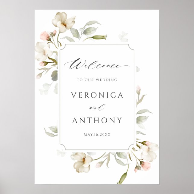 Affiche de bienvenue Mariage florale blanche éléga (Devant)
