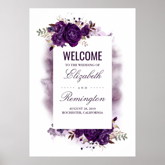 Affiche de bienvenue Mariage florale d'aubergine p (Devant)