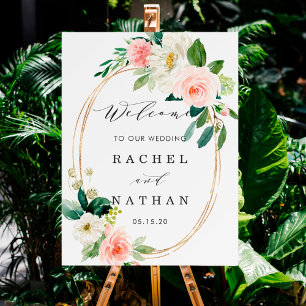Affiche de bienvenue Mariage florale ovale or blan