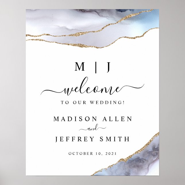 Affiche de bienvenue Mariage Gold & Navy Blue Agat (Devant)