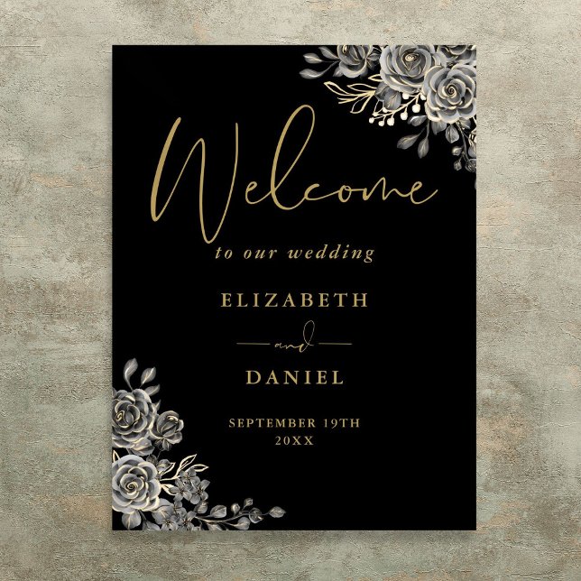 Affiche de bienvenue Mariage gothique Noir et Or F (Gothic Black And Gold Floral Wedding Welcome Sign)