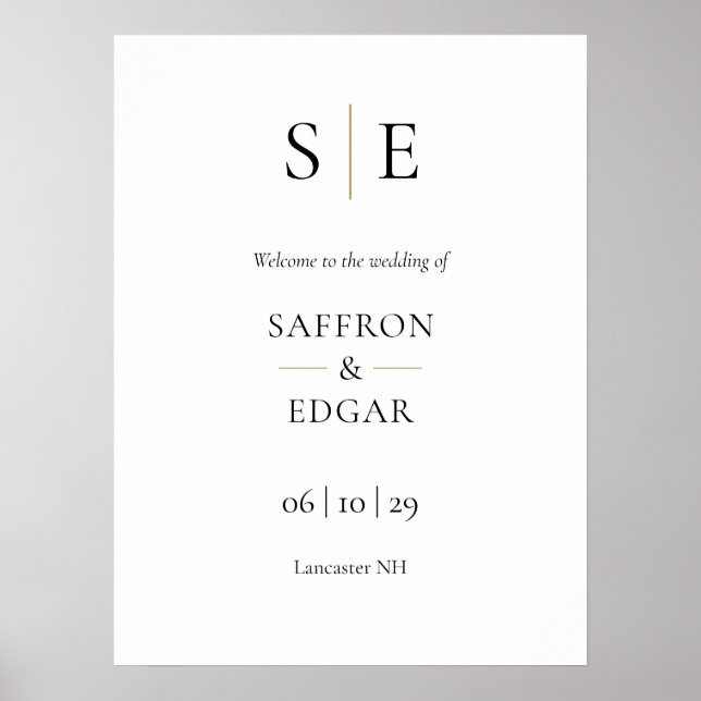 Affiche de bienvenue Mariage Monogramme Noir Et Or (Devant)