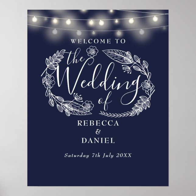 Affiche de bienvenue Mariage Navy Blue String Ligh (Devant)