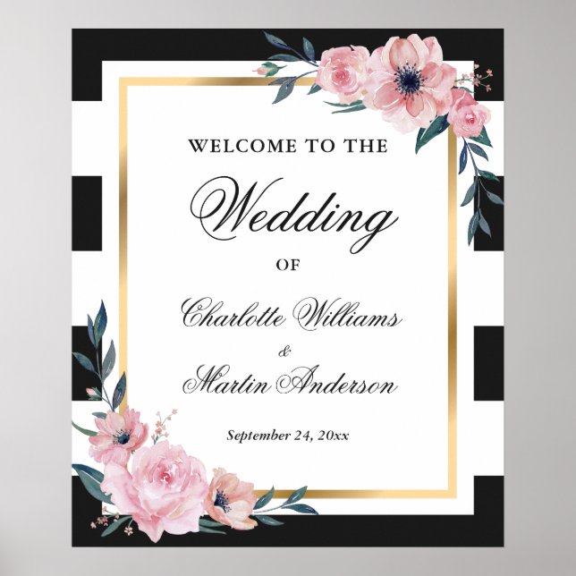 Affiche de bienvenue Mariage noir blanc or rose ro (Devant)