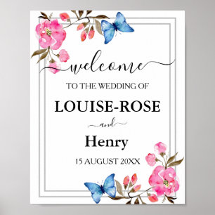 Affiche de bienvenue mariage - Papillons gris rose
