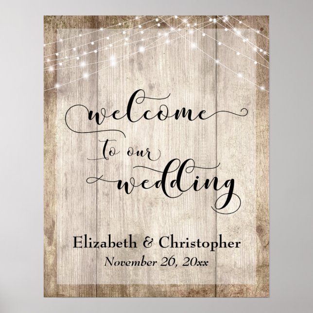 Affiche de bienvenue Mariage patiné en bois et lum (Devant)