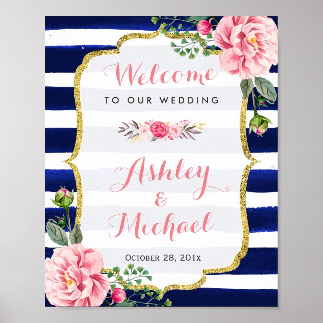 Affiche de bienvenue mariage rose florale rayures  (Devant)