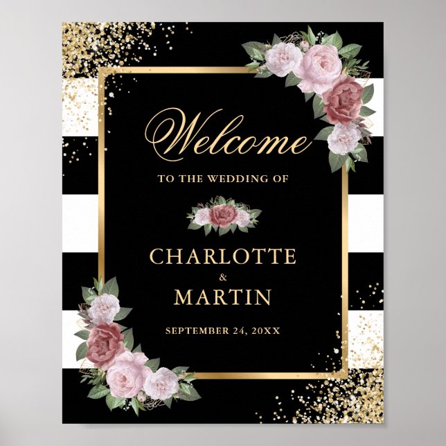 Affiche de bienvenue Mariage rose noir bleu or flo (Devant)