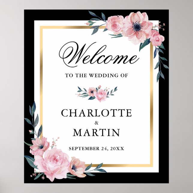 Affiche de bienvenue Mariage rose noir bleu or flo (Devant)