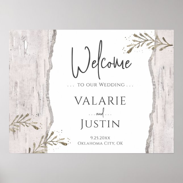 Affiche de bienvenue Mariage Rustic Birch Wood (Devant)