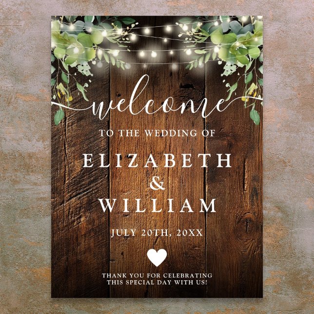 Affiche de bienvenue Mariage Rustic Wood String (Rustic Wood String Lights Wedding Welcome Sign)