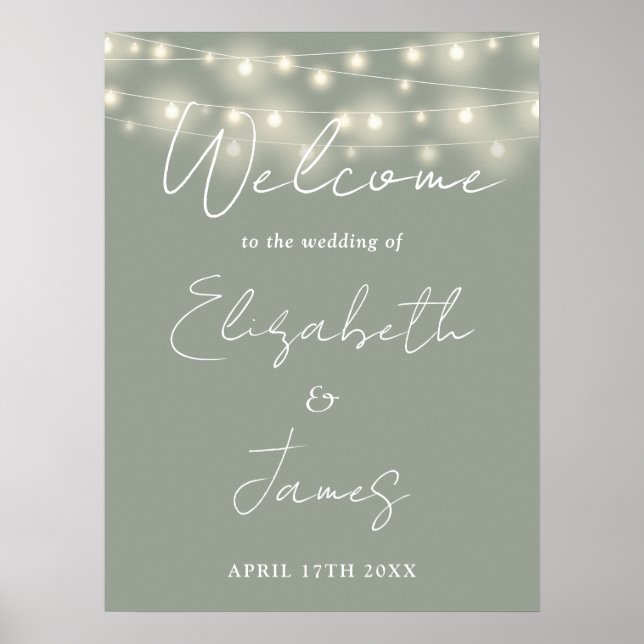 Affiche de bienvenue Mariage Sage Green String Lig (Devant)