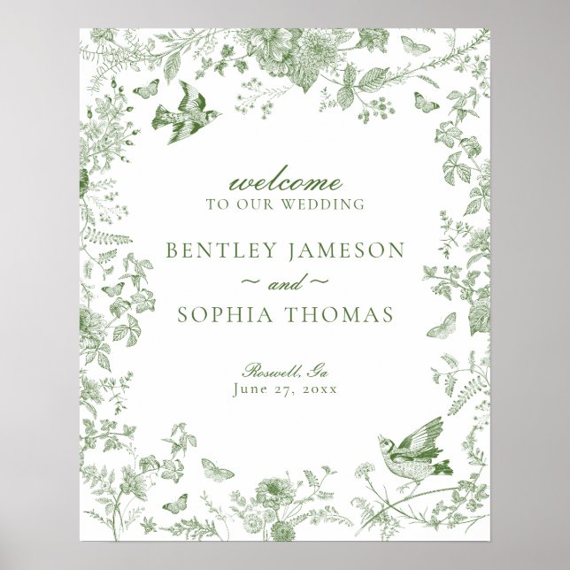Affiche de bienvenue Mariage verte Toile De Jouy F (Devant)