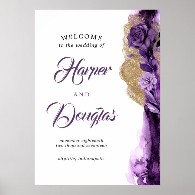 Affiche de bienvenue Mariage violet et or (Devant)