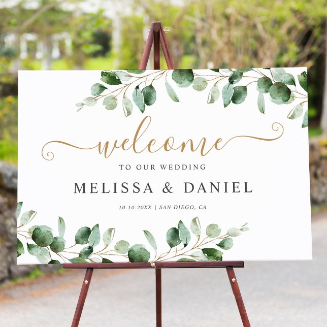Affiche de bienvenue Mariage Watercolor Gold Green (Créateur téléchargé)