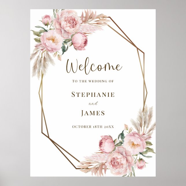Affiche de bienvenue pour mariage à fleurs roses (Devant)
