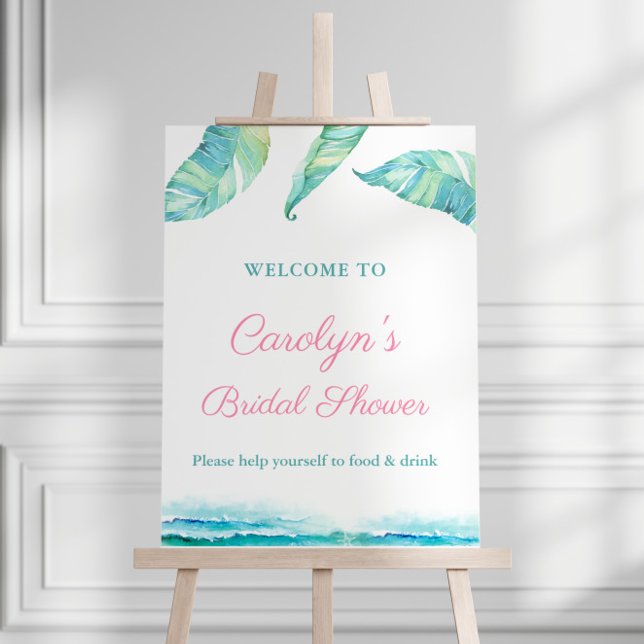 Affiche de bienvenue pour une fête de douche de ma (Tropical theme Aqua pink bridal shower party welcome sign)