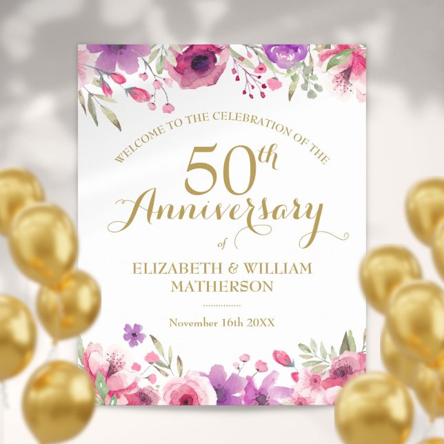 Affiche de bienvenue Rose du 50e anniversaire de l (50th Anniversary Watercolour Roses Welcome Sign)