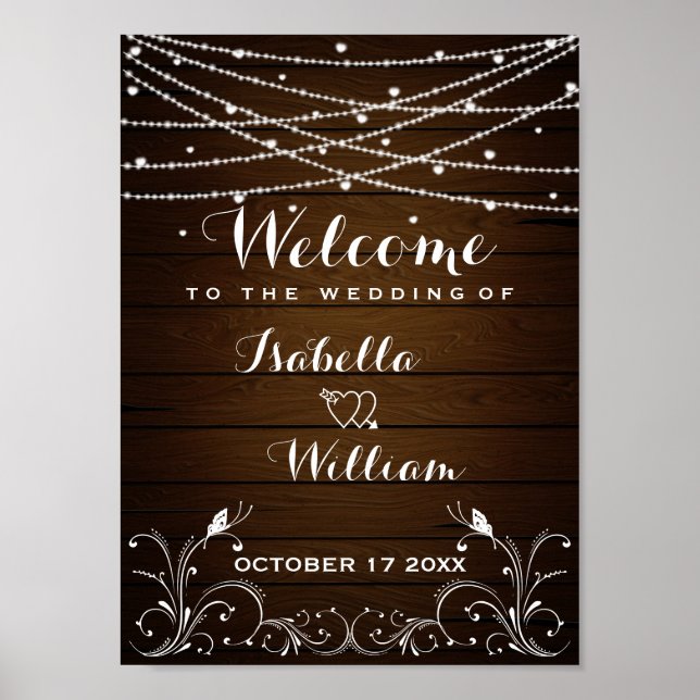 Affiche de bienvenue | Rustic String Lights Hearts (Devant)