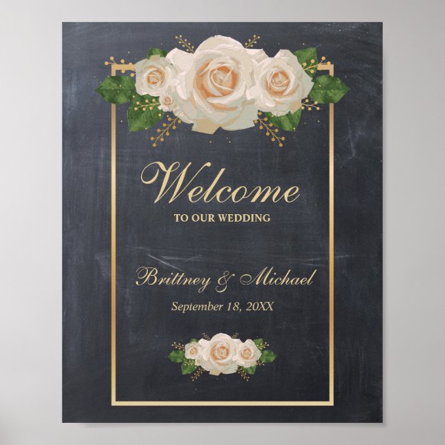 Affiche de bienvenue White Roses Gold Frame | MARI (Devant)