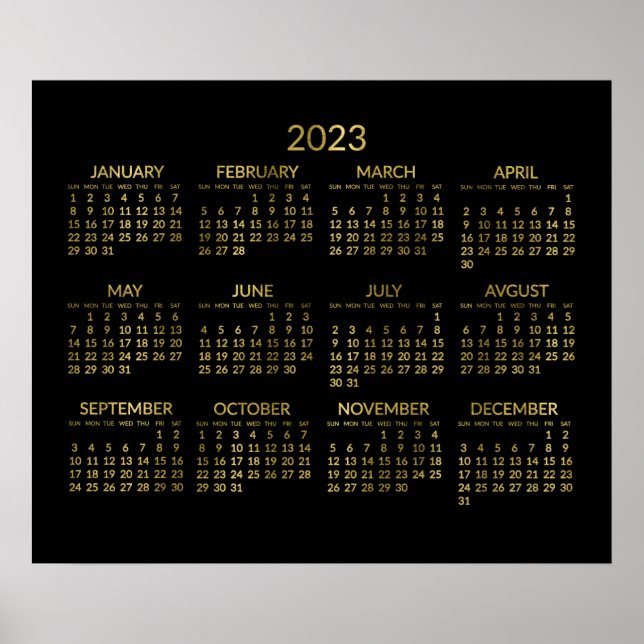 Affiche de calendrier annuel 2023 en or faux et no (Devant)