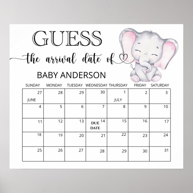 Affiche de calendrier de date prévue Éléphant Rose (Devant)