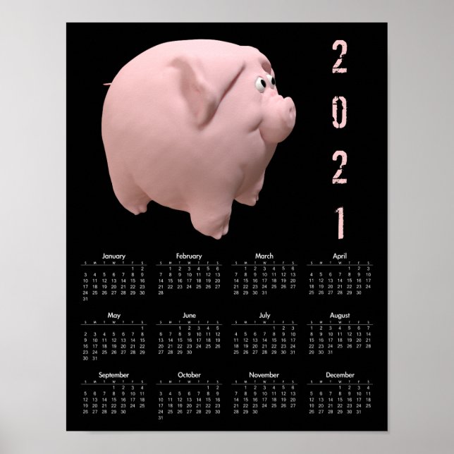 Affiche de calendrier noir 2021 Cochon drôle 3D 1 (Devant)