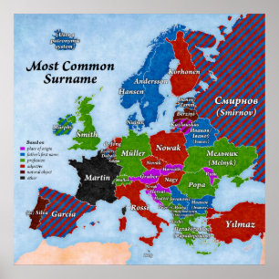 Affiche de carte de l'Europe de noms de famille