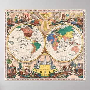 Affiche de carte du monde rétro Art Déco