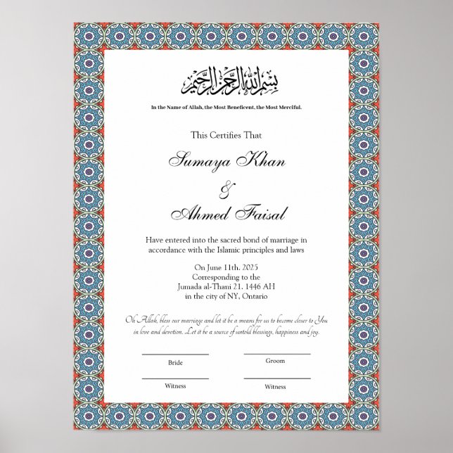 affiche de certificat de style islamique nikkah (Devant)