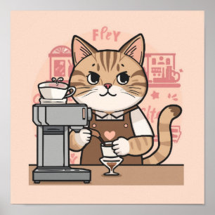 Affiche de chat barista de dessin animé mignon et