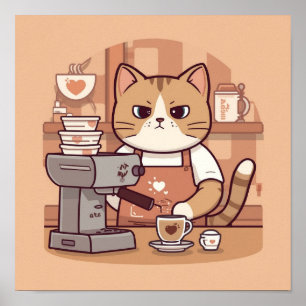 Affiche de chat barista de dessin animé mignon et