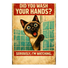 Affiche de chat siamois surveillant votre hygiène