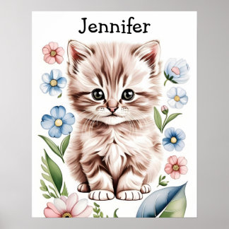 Affiche de chaton adorable et fleurs de printemps