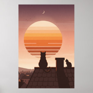 Affiche de chats regardant le coucher de soleil ré
