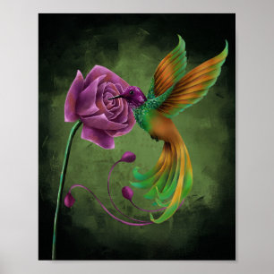 Affiche de colibri fantaisiste et de rose violette