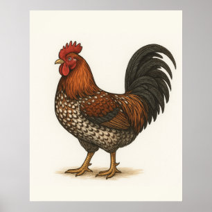 Affiche de coq vintage Poule de ferme rustique