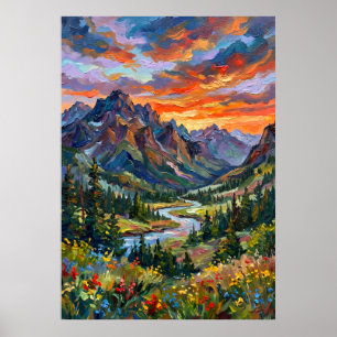 Affiche de coucher de soleil dramatique sur la mon