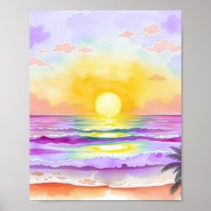 Affiche de coucher de soleil océanique à l'aquarel