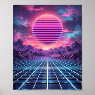 Affiche de coucher de soleil Vaporwave — Grille de