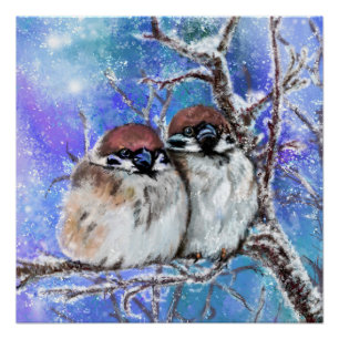 Affiche de Couple de Moineaux en Hiver - Peinture