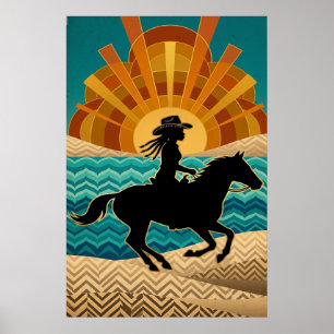 Affiche de cowgirl Art Déco Cheval Coucher de sole
