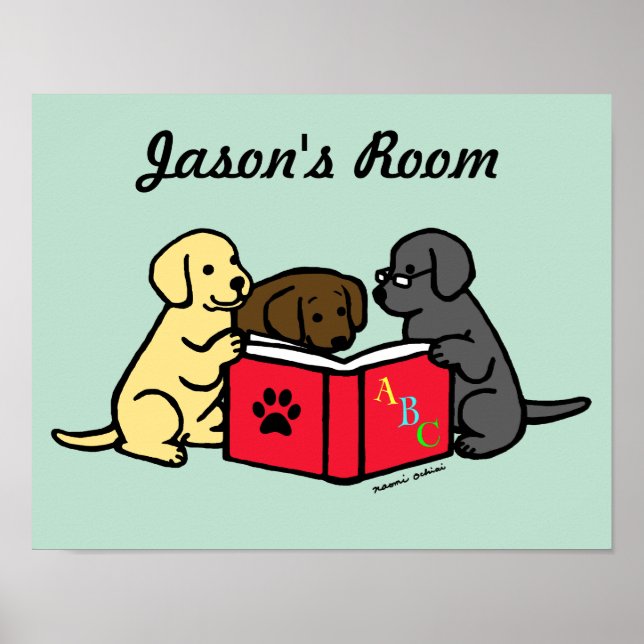 Affiche de crèche de chiots Labrador lisant (Devant)