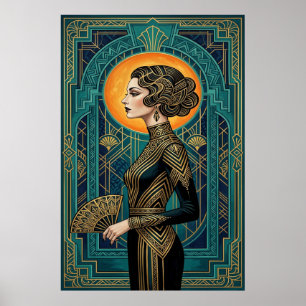 Affiche de danseuse de profil Art Déco avec éventa