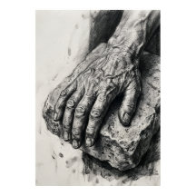 Affiche de dessin au fusain de mains âgées | Étude
