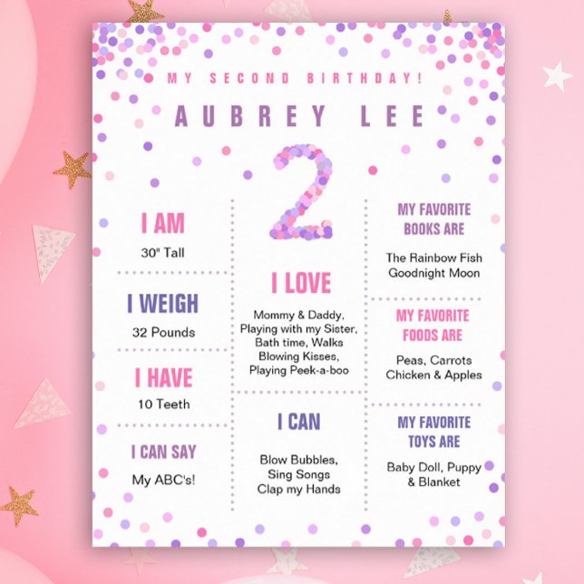 Affiche de deuxième anniversaire Rainbow Confetti (Milestone poster with pink and purple confetti for your 2 year old's birthday!)