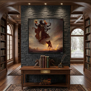 Affiche de fantasy brillante avec guerrier et bête